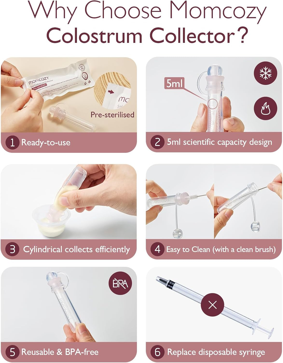 Colostrum Collector Reusable Breast Milk Collector with Storage Case and Cotton Wipe, Portable Colostrum Container BPA Free, Multi-Use Collector 5Ml-6Pcs