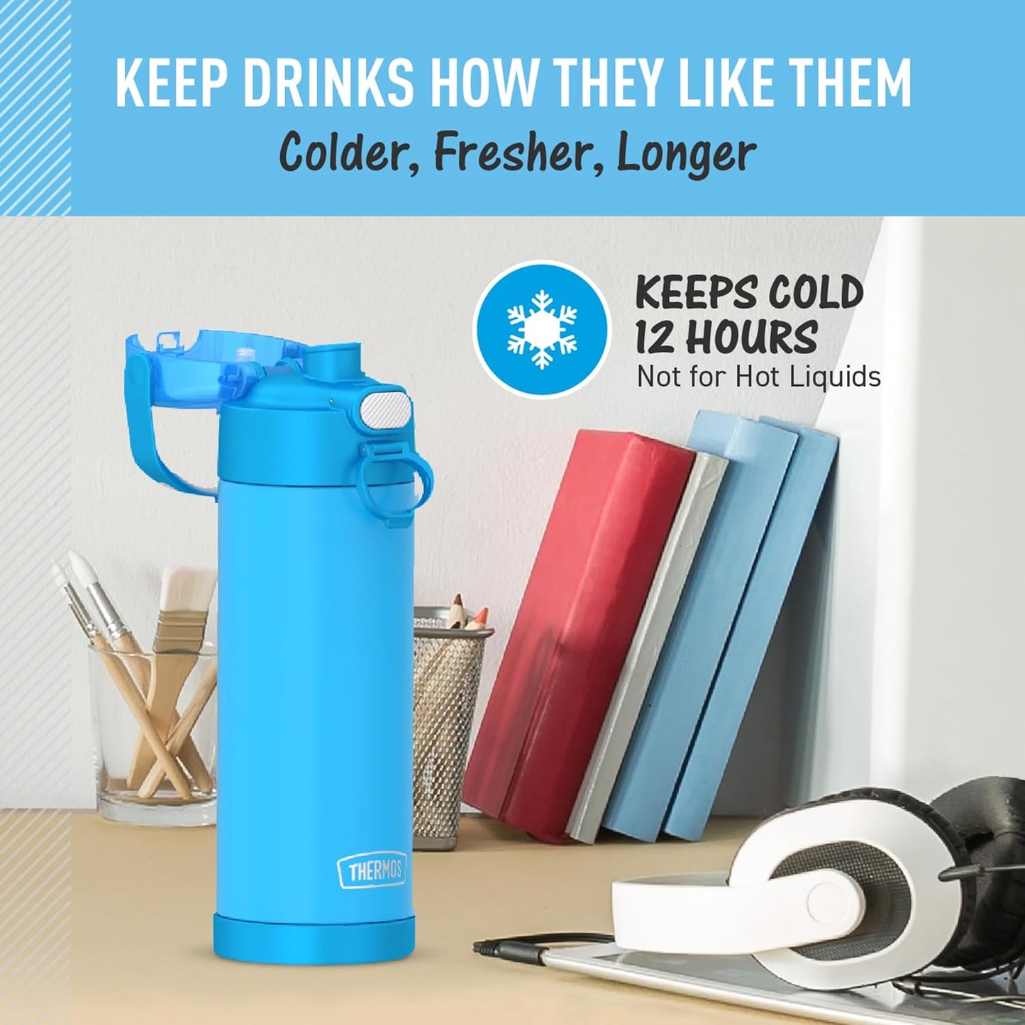 FUNTAINER 16 Ounce Stainless Steel Bottle, Blue
