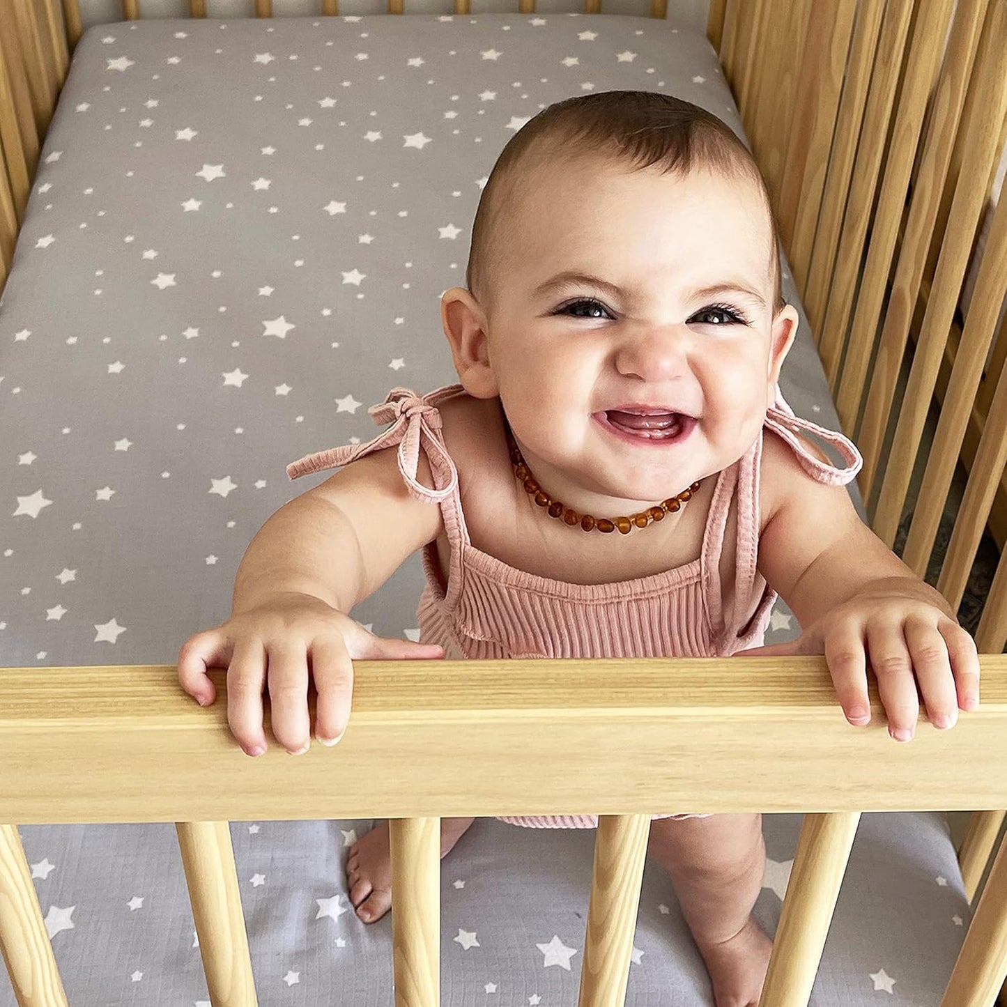 Organic Fitted Crib Sheet (2-Pack) - Ultra-Breathable and Soft, 100% Organic Muslin Cotton, Stardust Print in Twilight Grey + Solid White, Fits All Standard Cribs