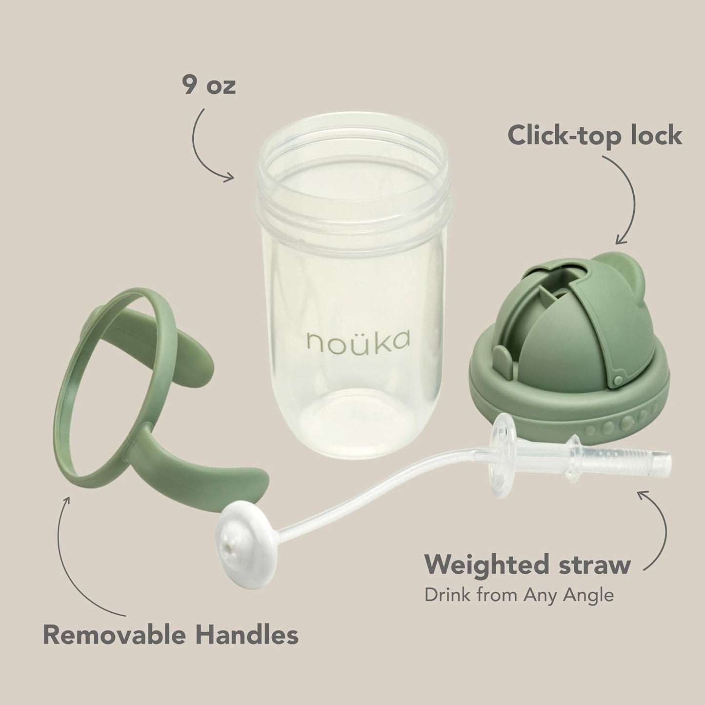 Nouka Weighted Straw Cup with Click Top Lid | Leak Proof and Easy Grip | Removable Handles | Moss