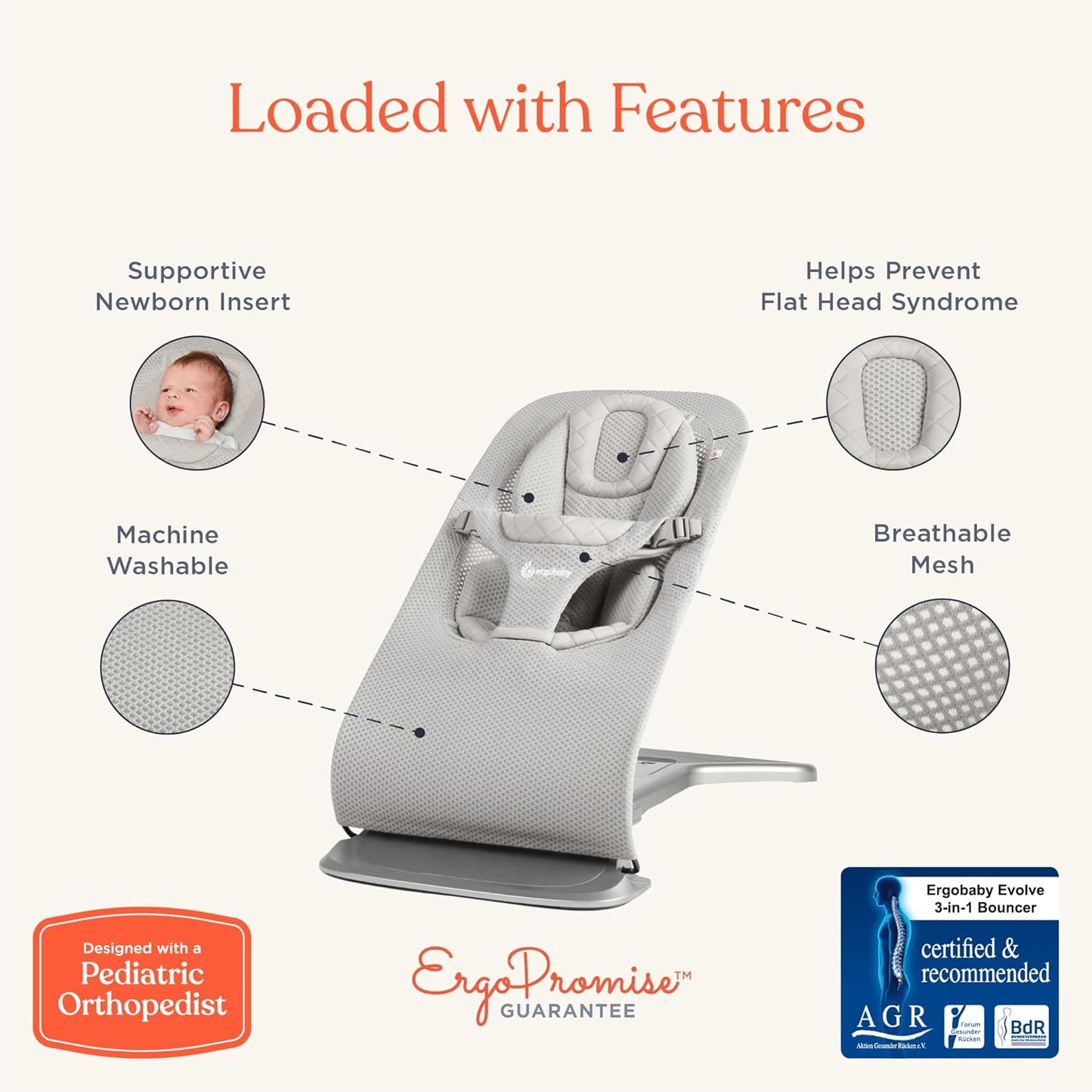 Evolve 3-In-1 Mesh Bouncer, Adjustable Multi Position Baby Bouncer Seat, Fits Newborn to Toddler, Grey Mesh