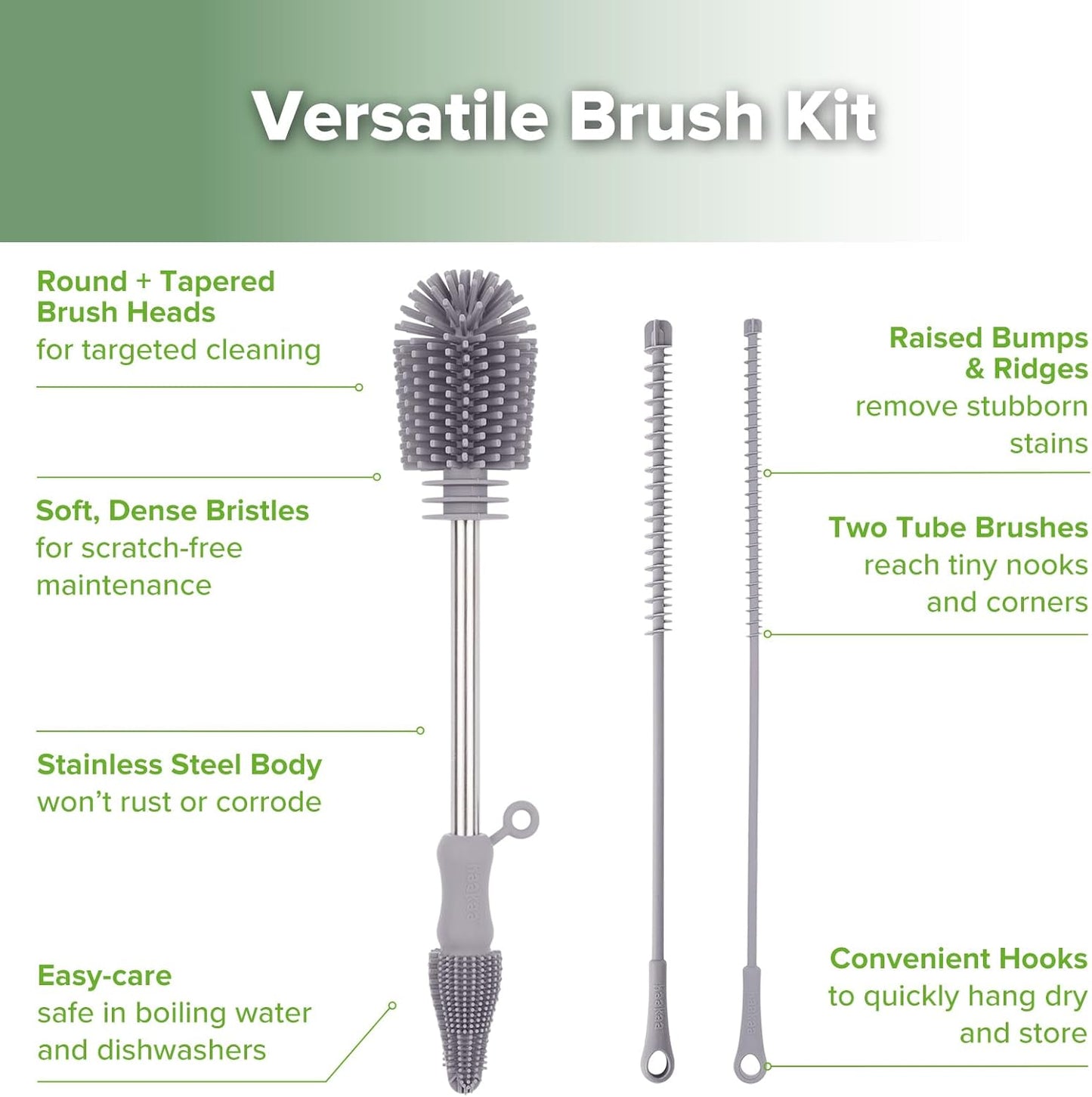 Silicone Cleaning Brush Kit - SUVA Grey - Bottle Brush for Breast Pumps, Breast Milk Collector, Baby Bottles, Nipples, Breastmilk Storage Bags
