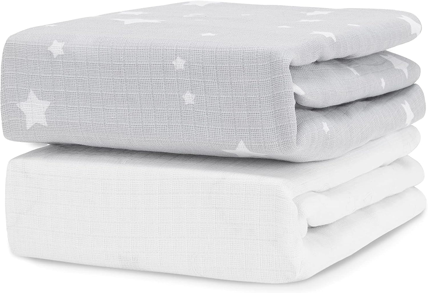 Organic Fitted Crib Sheet (2-Pack) - Ultra-Breathable and Soft, 100% Organic Muslin Cotton, Stardust Print in Twilight Grey + Solid White, Fits All Standard Cribs