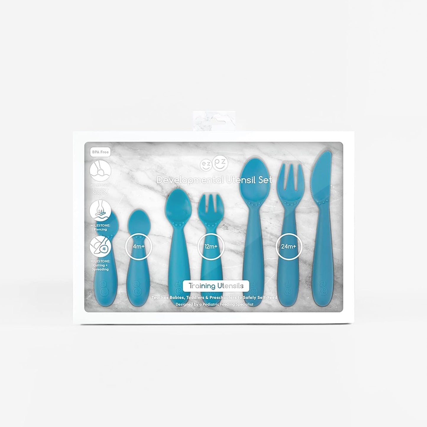 Developmental Utensil Set - 100% BPA Free Fork, Spoon, Knife for Babies, Toddlers and Preschool First Foods + Self-Feeding - Designed by a Pediatric Feeding Specialist (Blue)