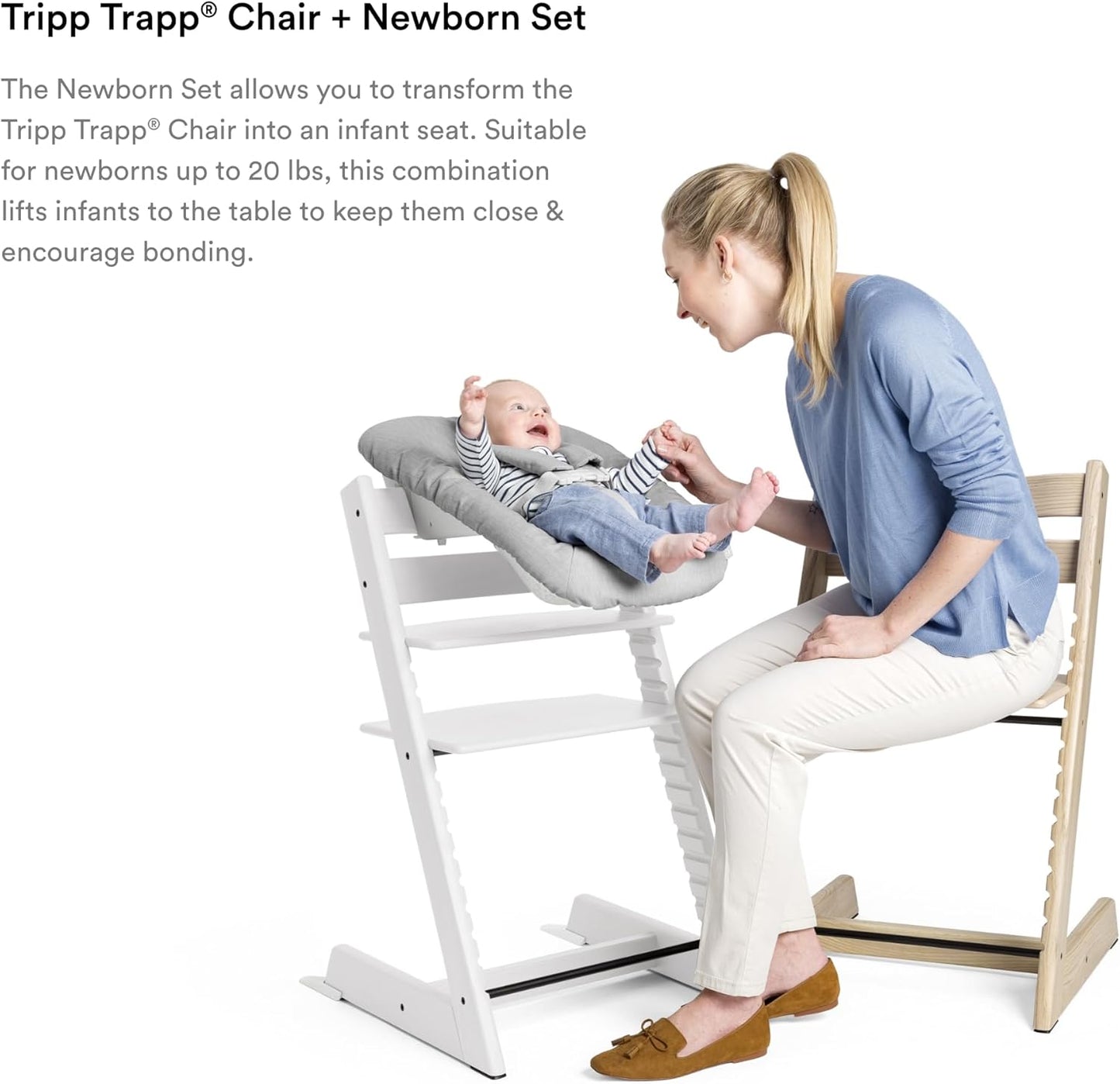 Tripp Trapp Chair from (Natural) + Tripp Trapp Newborn Set (Grey) - Cozy, Safe & Simple to Use - for Newborns up to 20 Lbs