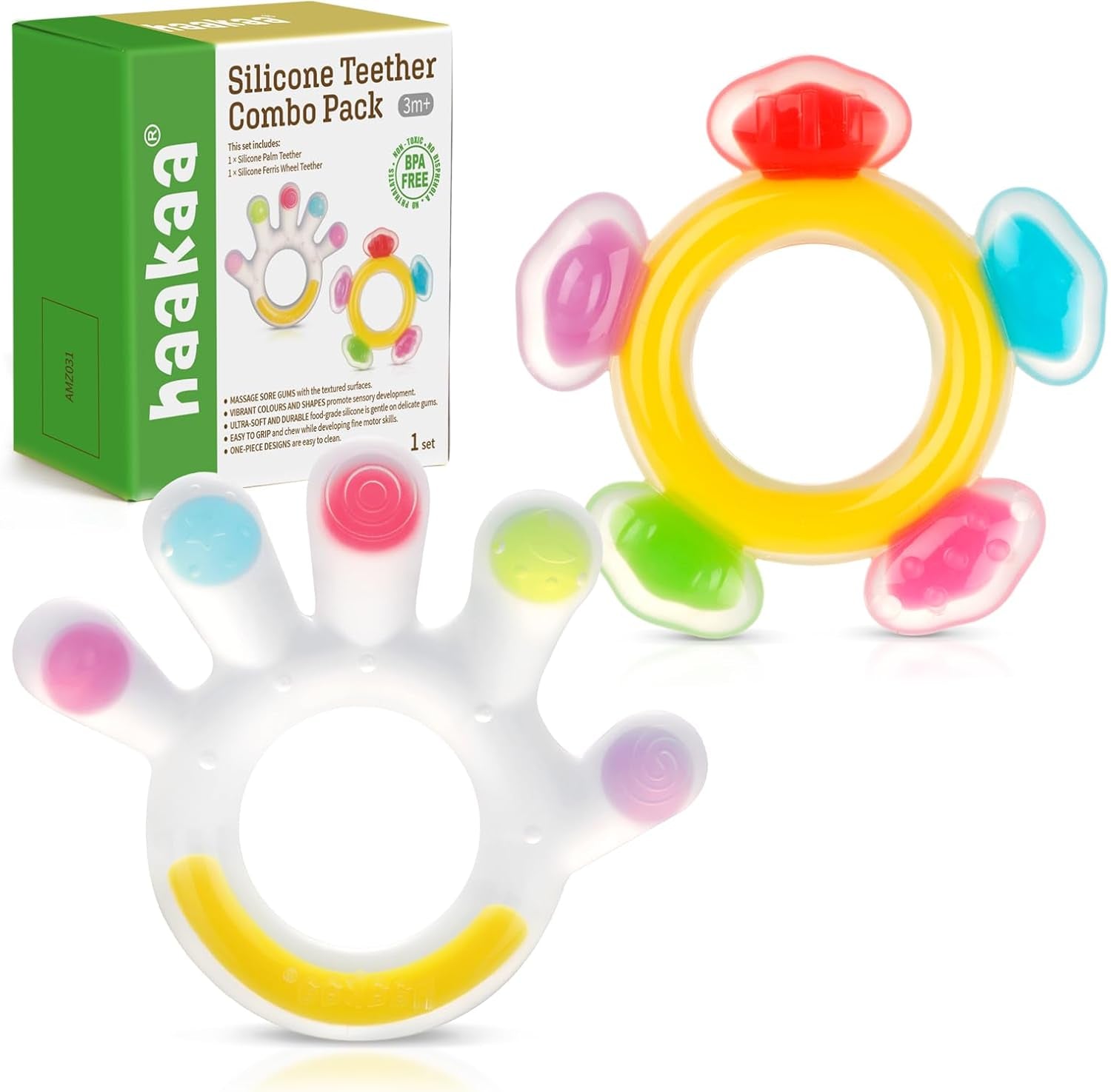 Silicone Teether Combo -Baby Freezer Teething Toy - Soft Cold Teether - Soothe Teething Pain & Itching Gum -Perfect Size-Palm & Ferris Wheel Shape for 3M+ Babies BPA Free - 2 Pk