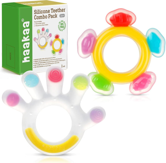 Silicone Teether Combo -Baby Freezer Teething Toy - Soft Cold Teether - Soothe Teething Pain & Itching Gum -Perfect Size-Palm & Ferris Wheel Shape for 3M+ Babies BPA Free - 2 Pk