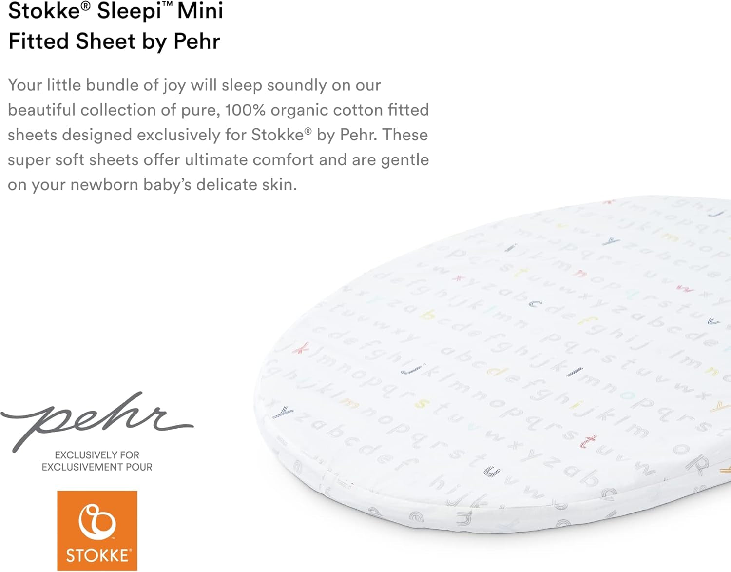 Sleepi Mini Fitted Sheet by Pehr, Rainbow Alphabet Lines - Soft, 100% Organic Fitted Sheets - Made for Oval Sleepi Mini Mattress - Safe Sleeping - Available in Playful Patterns