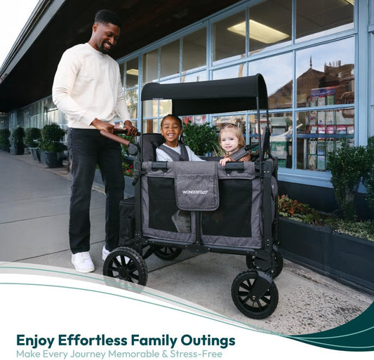 W2 Luxe Pro Stroller Wagon (2 Seater) - Collapsible Wagon Stroller with Seats Featuring 5-Point Safety Harnesses and Adjustable Sun Canopy, Jet Black