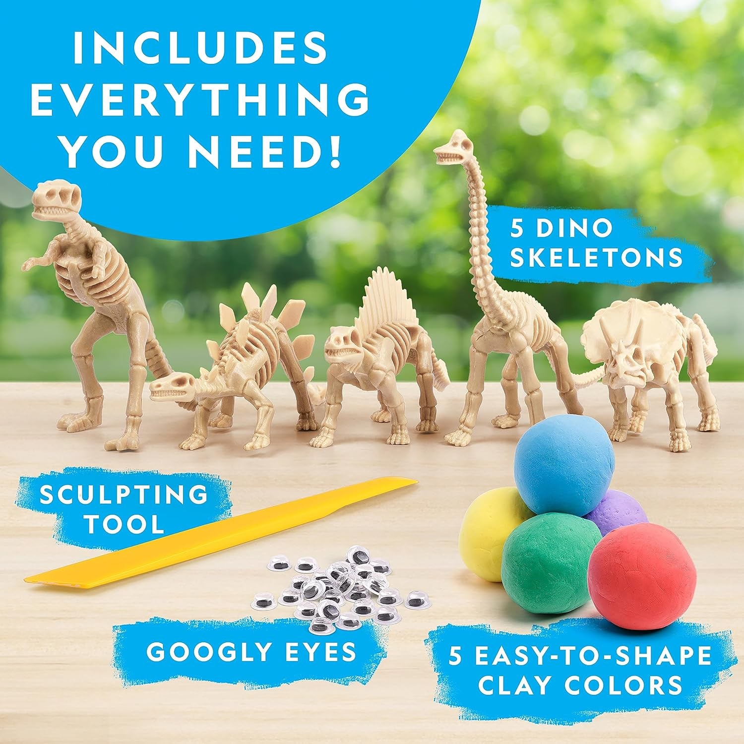 NATIONAL GEOGRAPHIC Clay Dinosaur Arts & Crafts Kit - Dinosaur Air Dry Clay for Kids Craft Kit with 5 Clay Colours, 5 Dino Skeletons, Sculpting Tool & Googly Eyes, Dinosaur Activity (Amazon Exclusive)