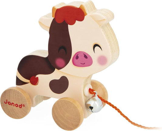 J03324 Wooden Running Cow with Bell Learning Toy for Pulling and Pushing Motor Skills and Imagination Learning Cord 50 Cm Suitable for Small Hands Fsc-Certified from 12 Months