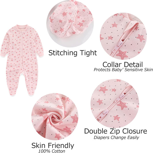 Newborn Baby 2-Way Zipper Romper Cotton One-Piece Jumsuit 3-Pack, 0-24 Months