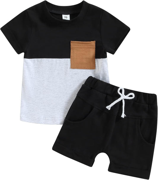 Toddler Baby Boy Summer 2Pc Clothes Short Sleeve Contrast Color T-Shirt+ Drawstring Shorts Pants Set Outfits