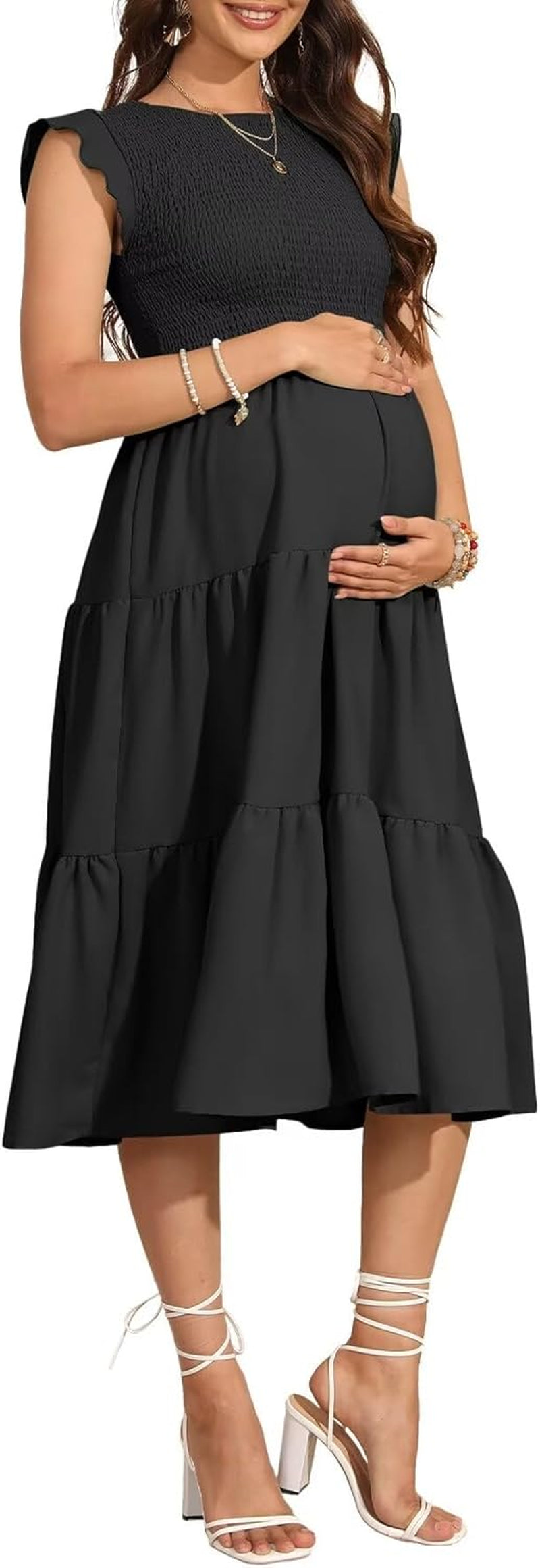 Maternity Dress Summer Midi Dress Smocked Tiered Casual Dress Flying Sleeve Baby Shower Photoshoot