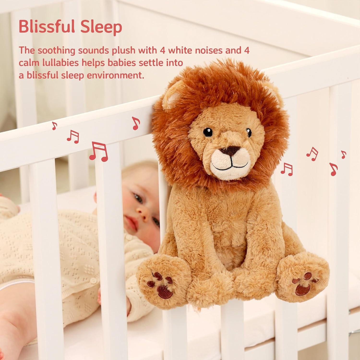 Sound Machine with White Noise Soothing Sounds | Cuddly Stuffed Animal | Adjustable Settings and Auto-Shutoff | Louis Lion Smart Sensor