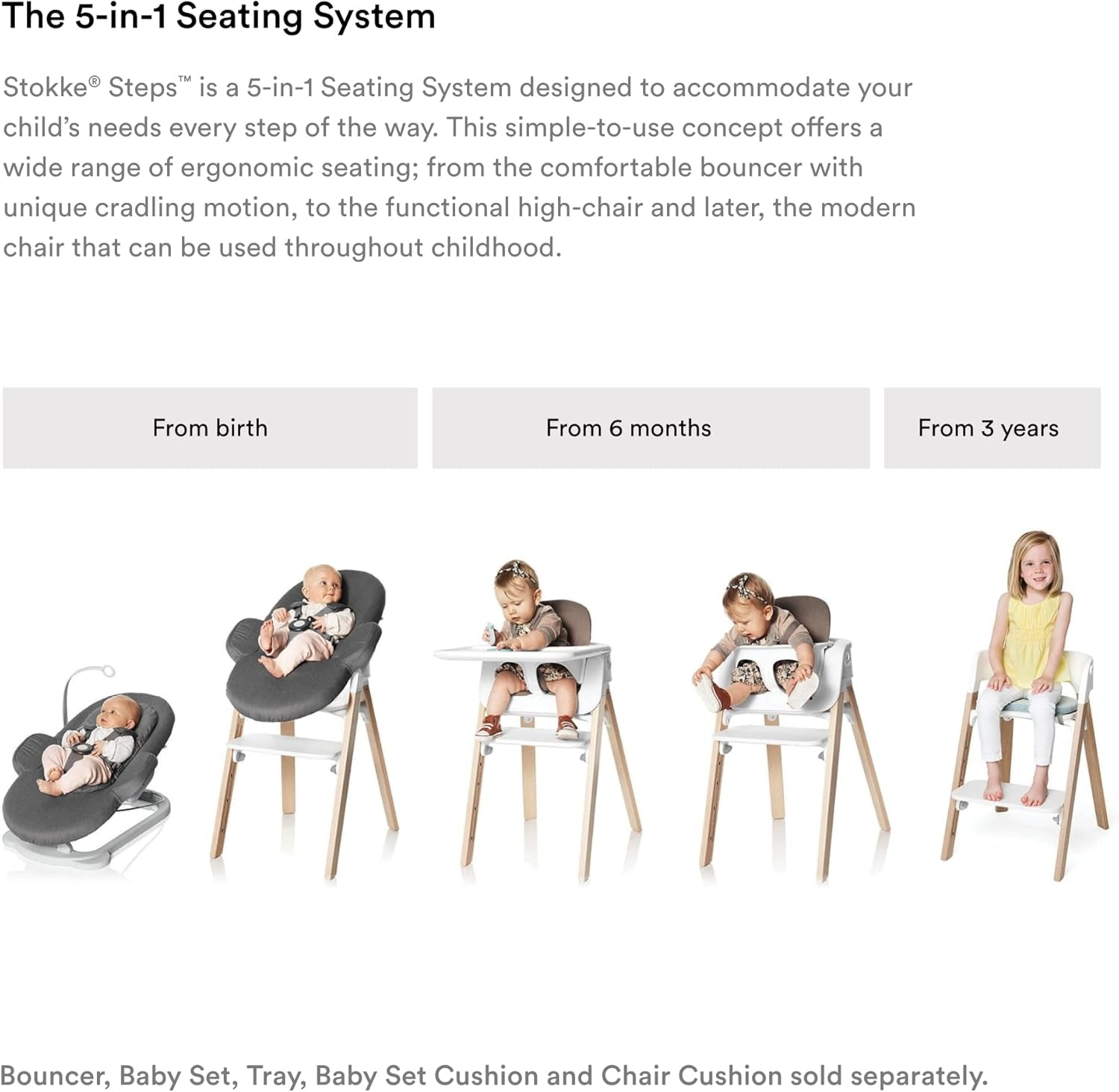 Steps Chair - White Seat with Hazy Grey Legs - 5-In-1 Seat System - Can Transform into Newborn + Toddler High Chair - for Children up to 187 Lbs. - Tool Free, Stylish & Adjustable