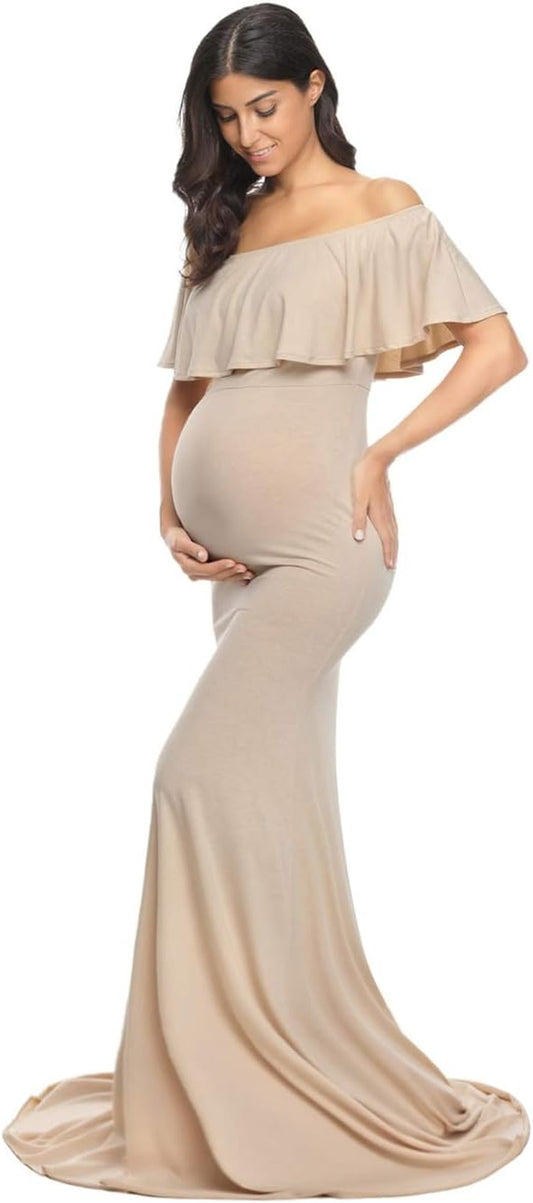 Womens off Shoulder Maternity Dress Ruffles Elegant Slim Gowns Fit Maxi Photography Dress