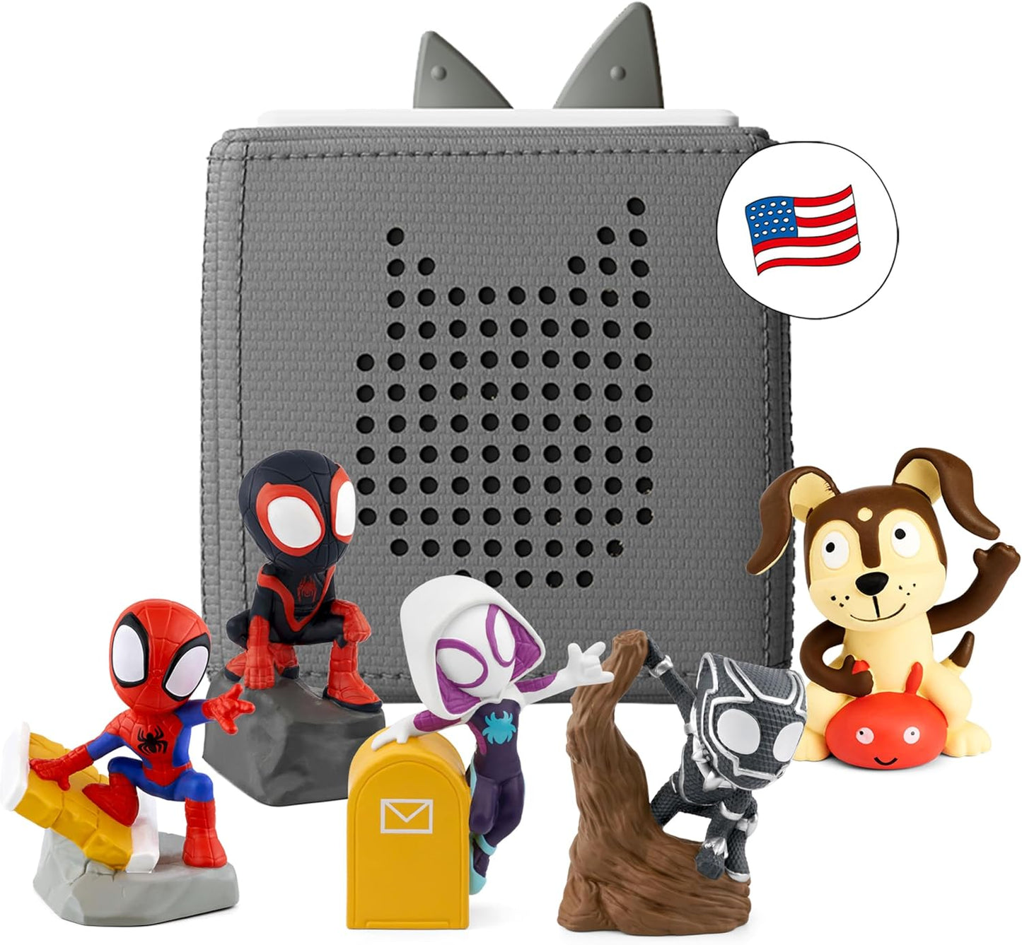 Toniebox Spidey and His Amazing Friends Starter Set with Spidey, Ghost-Spider, Spin, Black Panther, and Playtime Puppy - Includes Toniebox Audio Player - Gray