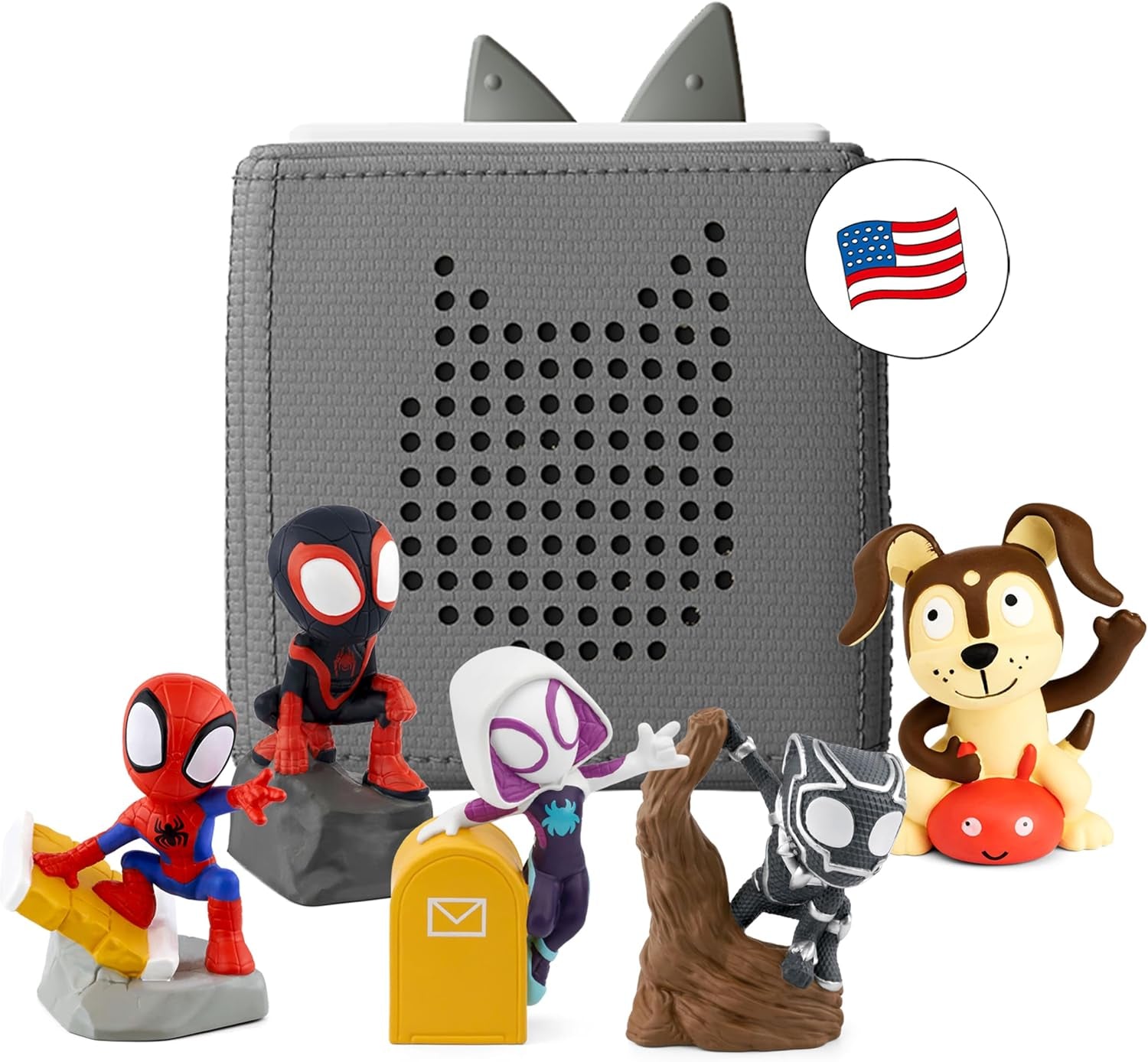 Toniebox Spidey and His Amazing Friends Starter Set with Spidey, Ghost-Spider, Spin, Black Panther, and Playtime Puppy - Includes Toniebox Audio Player - Gray