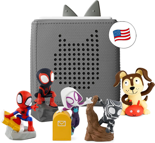 Toniebox Spidey and His Amazing Friends Starter Set with Spidey, Ghost-Spider, Spin, Black Panther, and Playtime Puppy - Includes Toniebox Audio Player - Gray