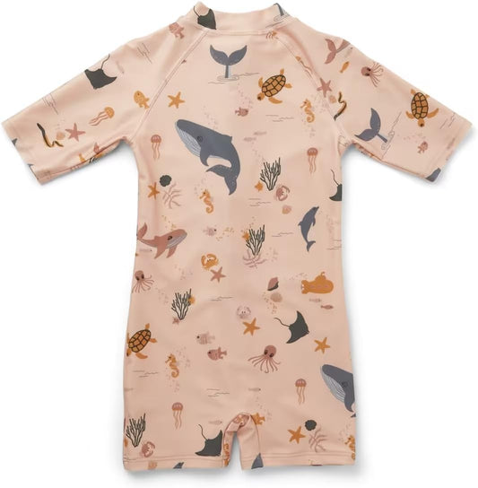 Toddler Boy One Piece Swimsuit Zipper Rashguard Full Body Sunsuit Stripe Seersucker Swimwear Short Sleeve Bathing Suit