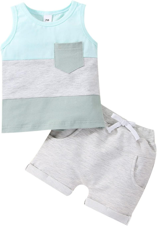 Toddler Baby Boys Summer Outfit Cute Colorblock round Neck Tees Top + Shorts 2Pcs Summer Clothes