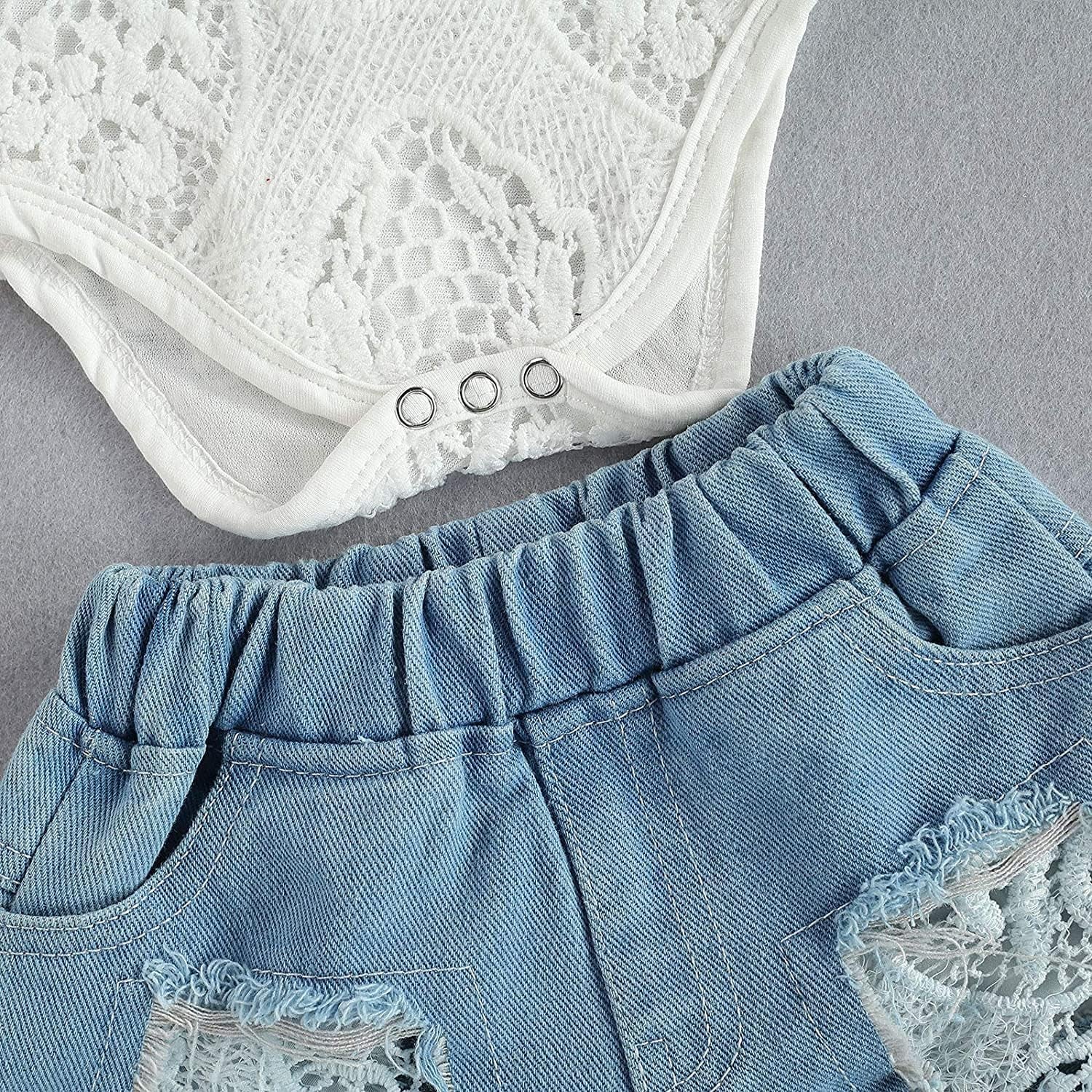 Toddler Infant Baby Girl Clothes Embroidered Lace Romper Ripped Jeans Denim Pants Outfit Set