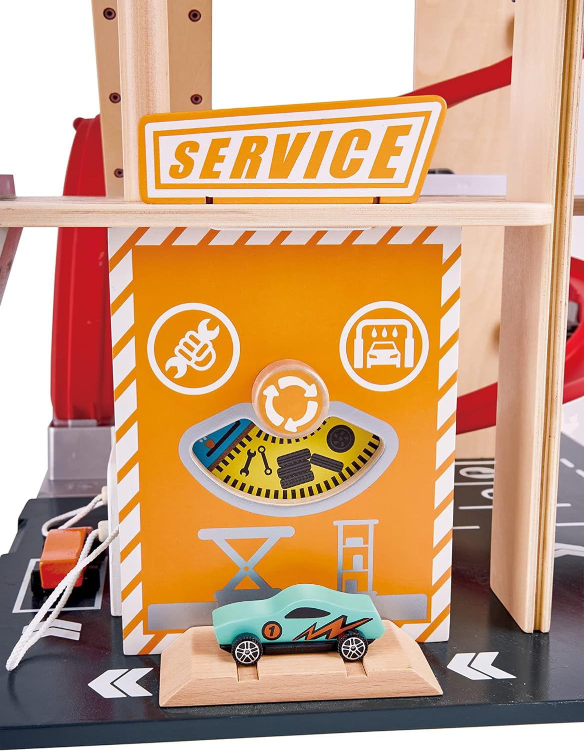 Gearhead Stunt Garage Kids Wooden Toy Car Parking Garage Playset W/ Elevator and 2 Exit Tracks, Detachable Loop, Includes 2 Wooden Toy Racecars