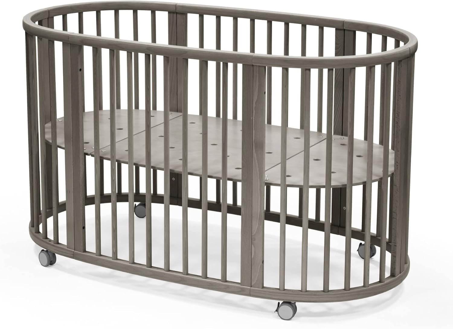 Sleepi Bed, Hazy Grey - Oval Crib Suitable for Ages 0-5 Years Old - Adjustable, Stylish & Flexible - Sturdy Beech Wood Frame