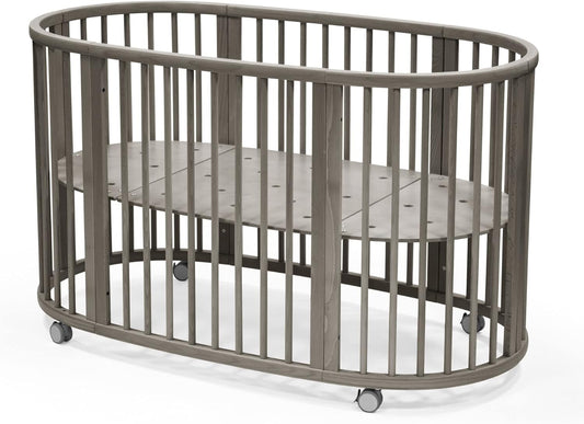 Sleepi Bed, Hazy Grey - Oval Crib Suitable for Ages 0-5 Years Old - Adjustable, Stylish & Flexible - Sturdy Beech Wood Frame