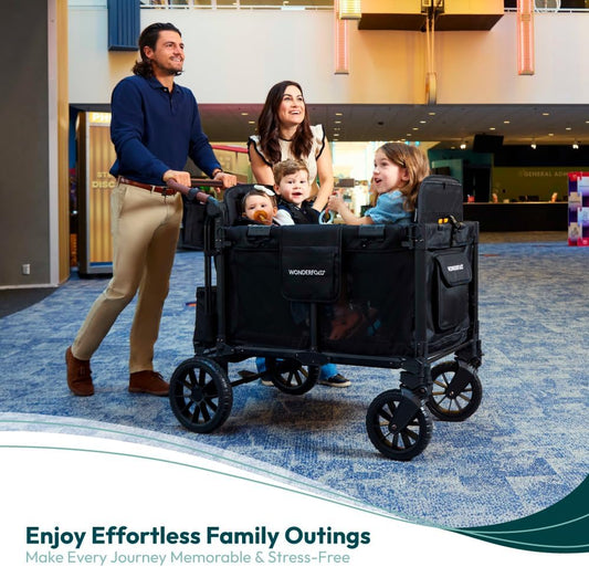 W4 Luxe Pro Stroller Wagon (4 Seater) - Collapsible Wagon Stroller with Seats Featuring 5-Point Safety Harnesses and Adjustable Sun Canopy, Jet Black