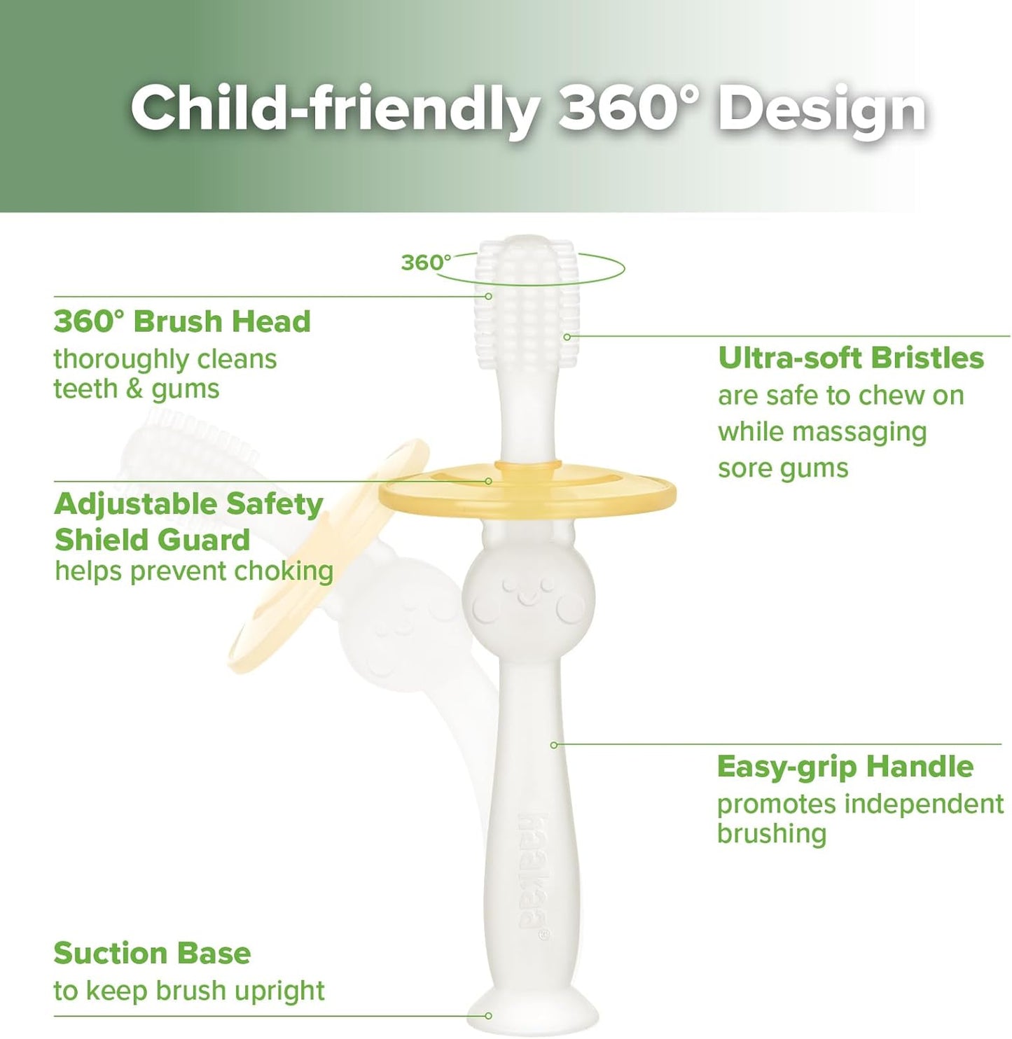 360° Baby Toothbrush with Suction Base - Gentle Cleaning for Infant Self-Brushing Training, Food-Grade Silicone, Adjustable Safety Shield - Translucent (1 Piece)