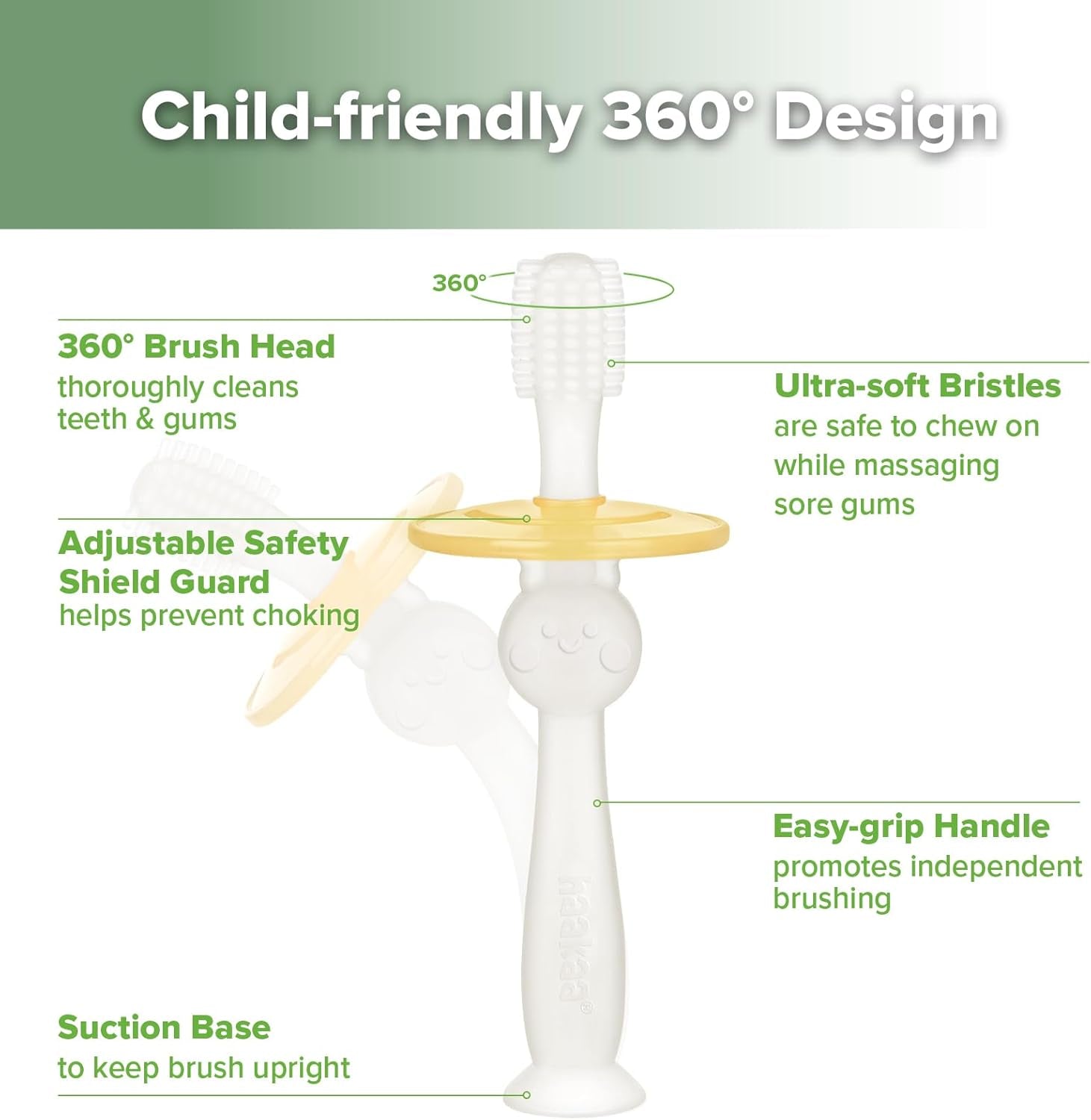 360° Baby Toothbrush with Suction Base - Gentle Cleaning for Infant Self-Brushing Training, Food-Grade Silicone, Adjustable Safety Shield - Translucent (1 Piece)