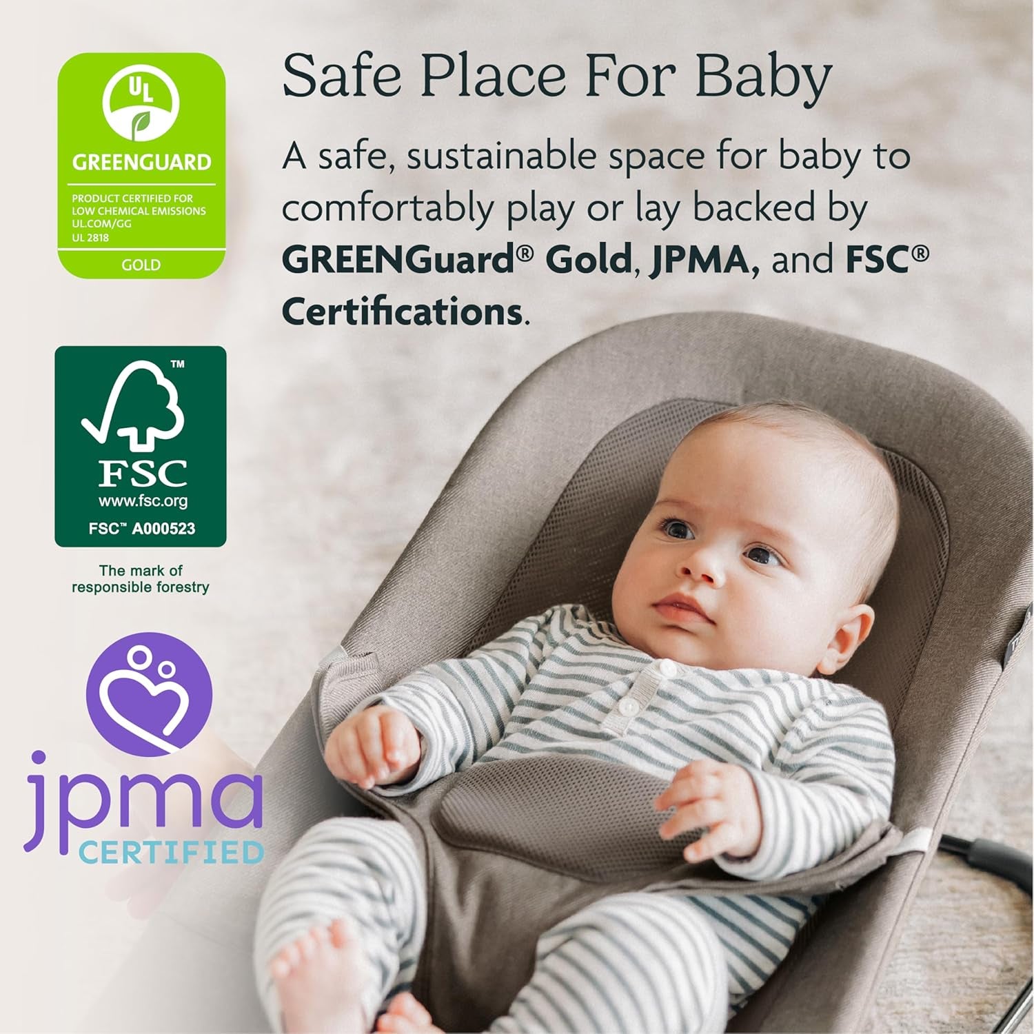 Mira Bouncer/Portable 2-In-1 Bouncer + Seat Grows with Your Baby/Greenguard® Gold, JPMA + FSC® Certified/Cozy Seat Liner + Storage Bag Included/Stella (Grey Mélange/Silver Chrome/Maple Wood)
