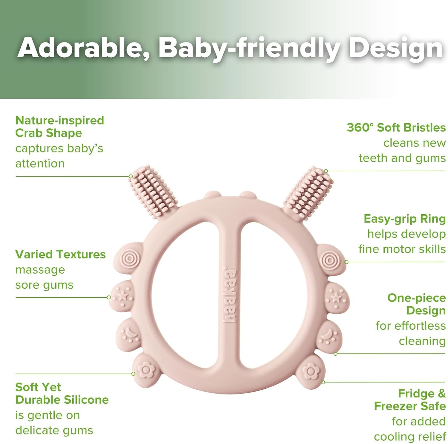 Silicone Crab Baby Teether,Teething Toys,360°Baby Toothbrush Head for Infant Self-Brushing Training,Food-Grade Silicone,Blush
