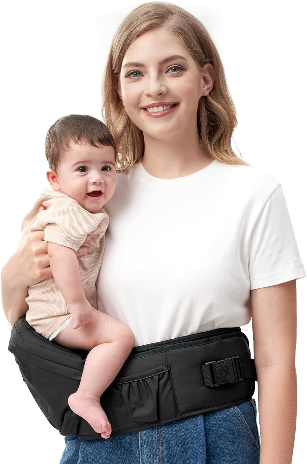 Cpc-Certified Baby Hip Carrier - Adjustable Waistband with Original 3D Belly Protector & Ergonomic EVA Massage Board, Various Pockets for Newborns to Toddlers up to 45Lbs (Black, Medium)
