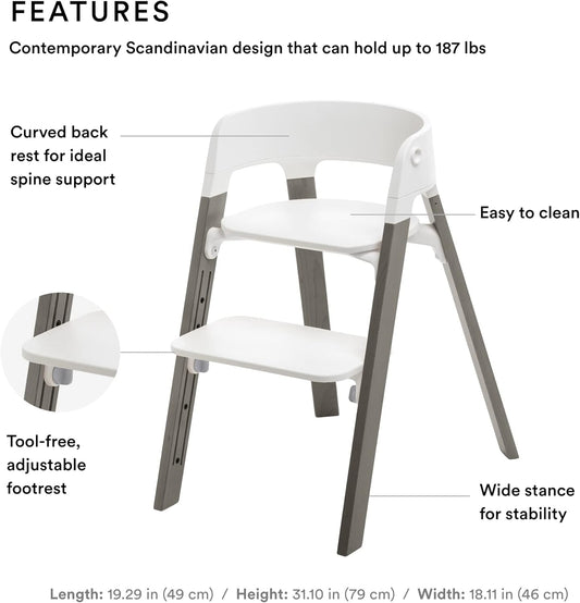 Steps Chair - White Seat with Hazy Grey Legs - 5-In-1 Seat System - Can Transform into Newborn + Toddler High Chair - for Children up to 187 Lbs. - Tool Free, Stylish & Adjustable