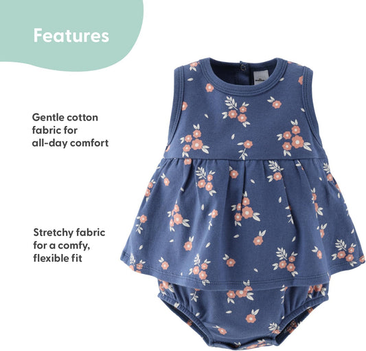 Baby Girl Rompers 2 Pack - 100% Cotton Clothes and Dresses for Newborn, Infant and Baby Girls - Navy Floral
