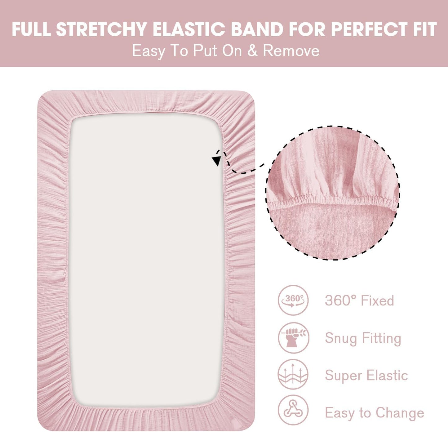 Muslin Crib Sheet,2Pk 100% Cotton Crib Sheets for Standard Crib Mattress & Toddler Bed Mattress 52"X28", Soft Breathable Neutral Crib Sheets Fitted for Boys Girls, Pink Bunny