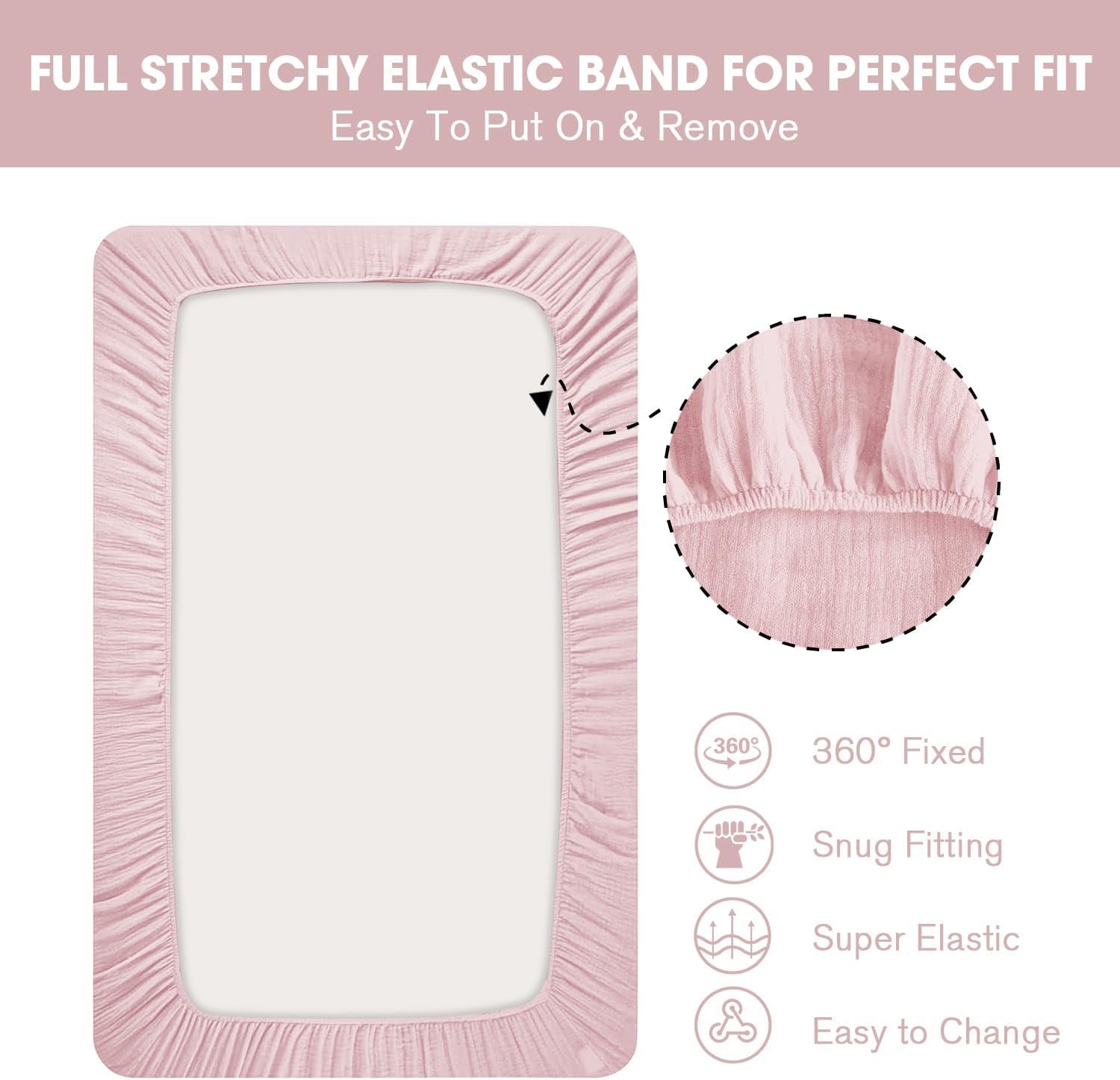 Muslin Crib Sheet,2Pk 100% Cotton Crib Sheets for Standard Crib Mattress & Toddler Bed Mattress 52"X28", Soft Breathable Neutral Crib Sheets Fitted for Boys Girls, Pink Bunny