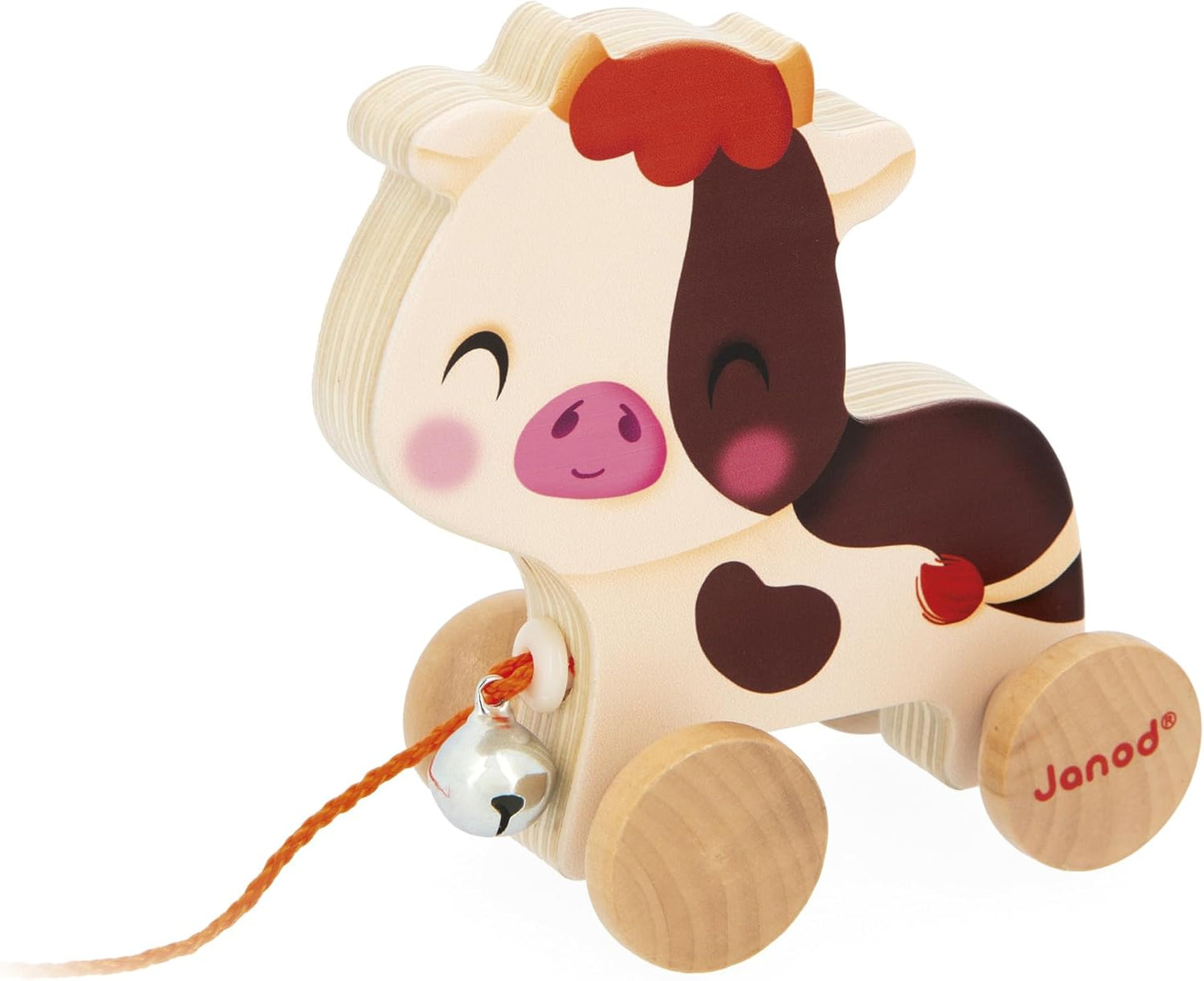 J03324 Wooden Running Cow with Bell Learning Toy for Pulling and Pushing Motor Skills and Imagination Learning Cord 50 Cm Suitable for Small Hands Fsc-Certified from 12 Months