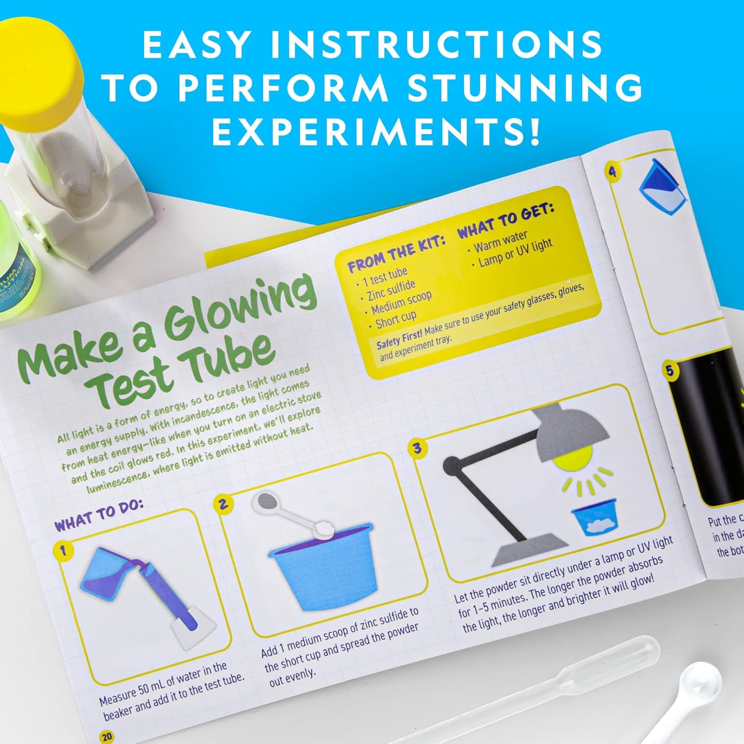 Chemistry Set for Kids - Chemistry Kit with 20 Science Experiments, Make Glowing Worms, Fizzy Solutions and More, Great Chemistry Gift for Girls and Boys