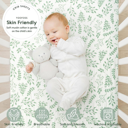 Muslin Crib Sheets for Boys Girls 100% Cotton Fitted Baby Crib Sheet 2 Pack Soft and Breathable for Standard Crib Mattress & Toddler Mattress 52"X28" Leaves&Green