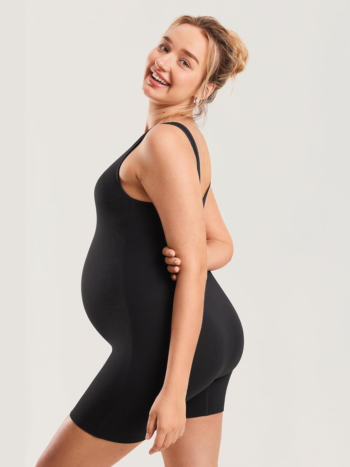 Women'S Maternity Bodysuit Ribbed Sleeveless Shorts Jumpsuit Square Neck Tank Top Romper for Pregnancy