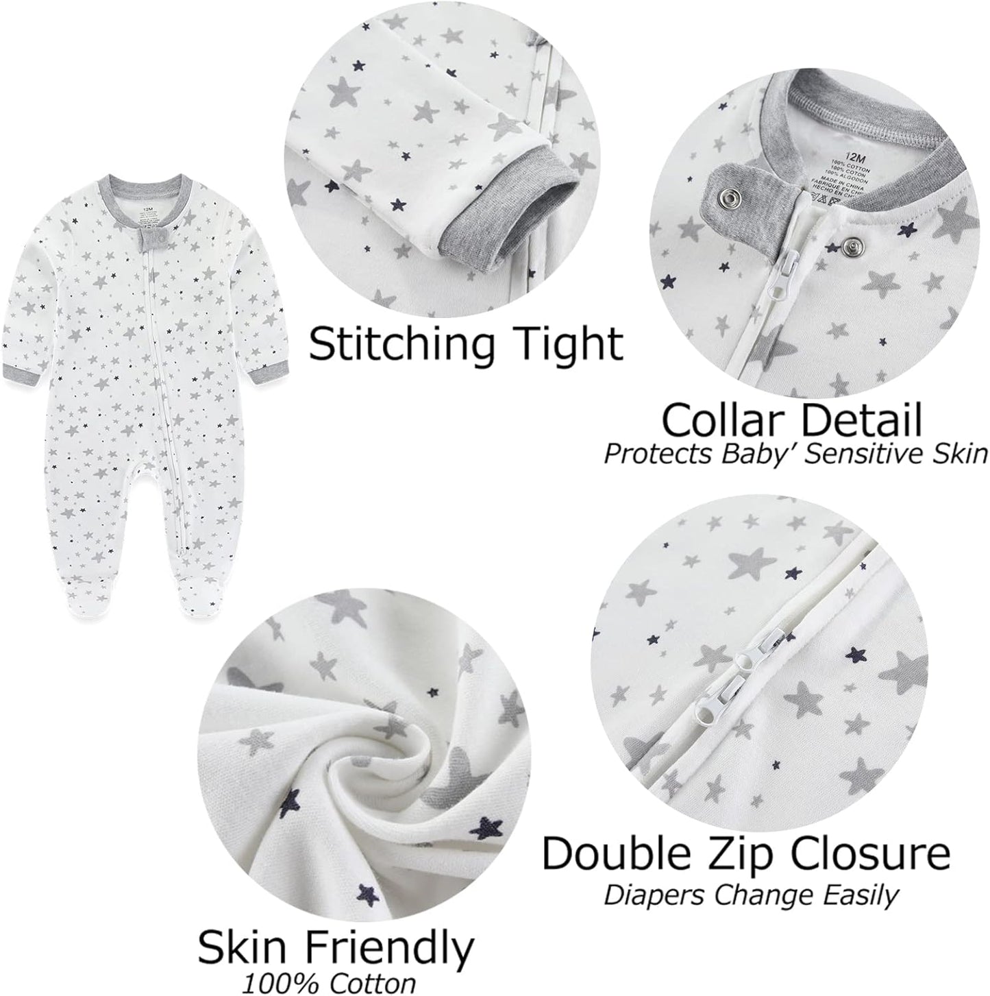 Baby Boy Girls Clothes 2-Way Zip Footed Bodysuit Long Sleeve 3-Pack Outfits 100% Cotton