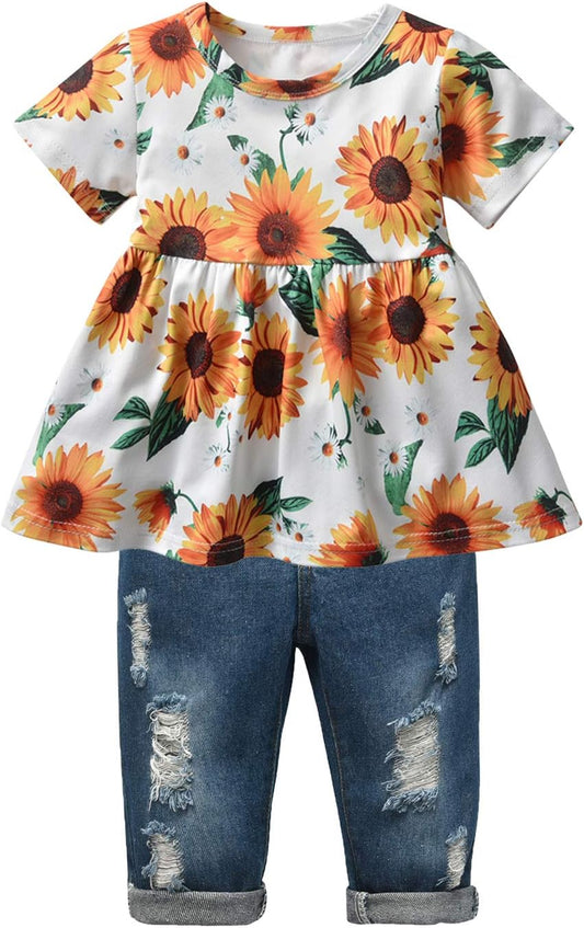 Toddler Baby Girls Clothes Outfits Infant Floral Short Sleeve Top Pant 2Pcs Outfits Set