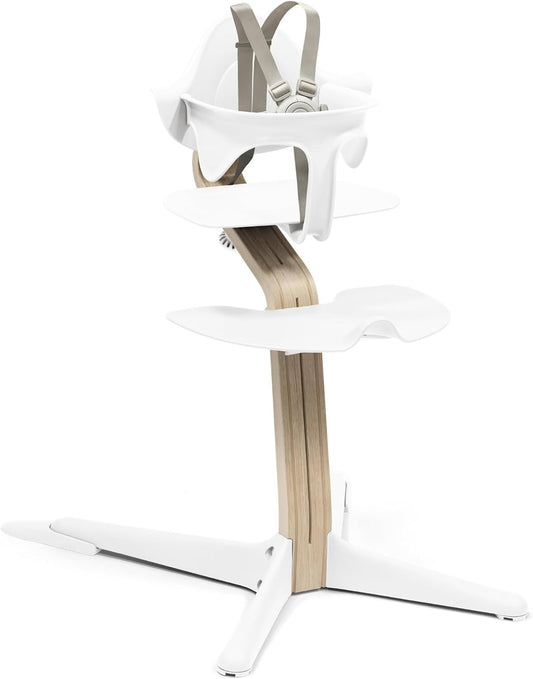 Nomi High Chair, White/Natural - Inspires Active Sitting - Tool-Free, Seamless Adjustability - Includes Baby Set with Removable Harness for Children 6-24 Months