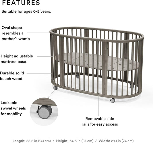 Sleepi Bed, Hazy Grey - Oval Crib Suitable for Ages 0-5 Years Old - Adjustable, Stylish & Flexible - Sturdy Beech Wood Frame
