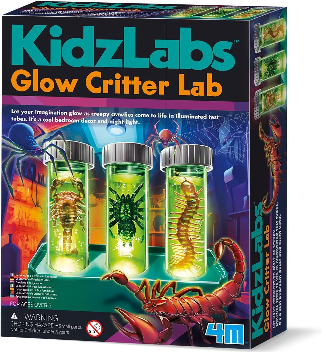 Kidzlabs Glow Critter Lab, Creepy Crawlies Come to Life, Illuminated Test Tubes, Science Project and Night Light for Ages 5+