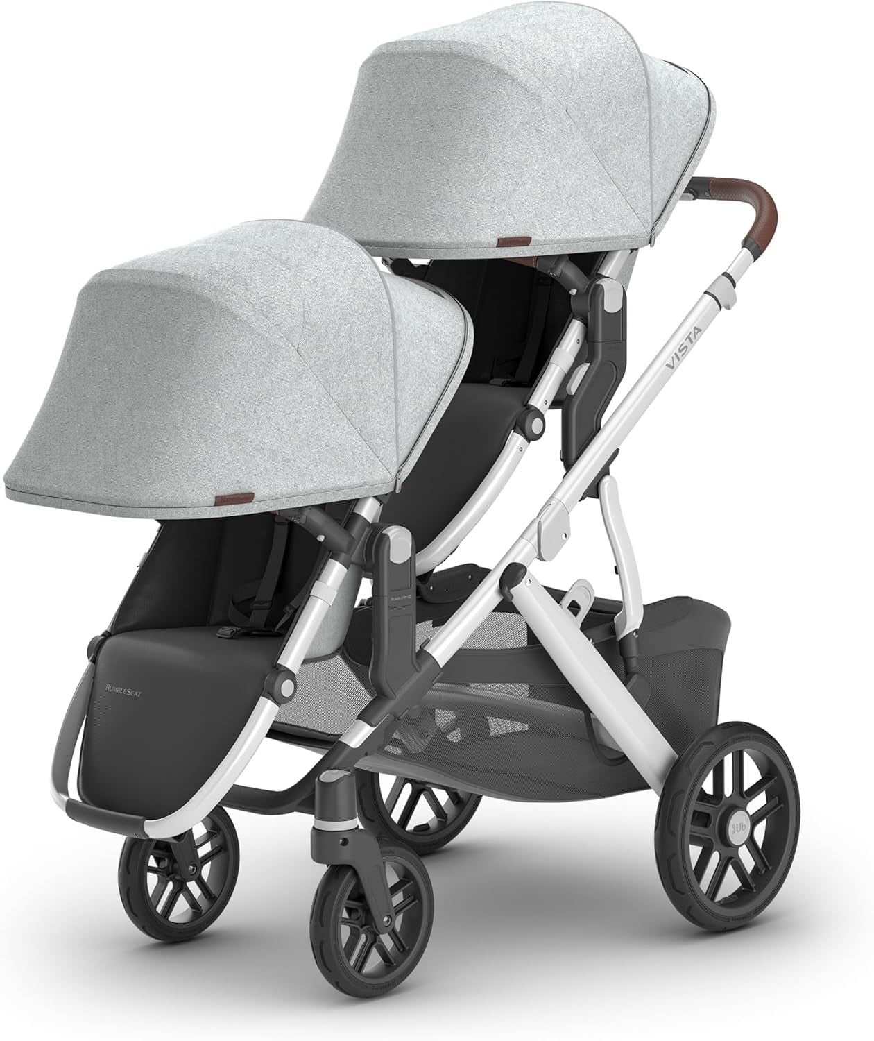 Rumbleseat V2+ Second Lower Seat/Compatible with Vista V2 and Vista V3 / Adapters, Bumper Bar, Bug Shield Included/Stella (Grey Brushed Melange/Silver Frame/Chestnut Leather)